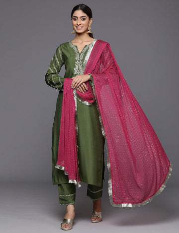 Olive Embroidered Straight Kurta Paired With Tonal Bottom And Contrast Dupatta